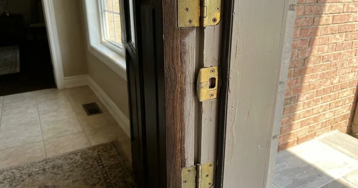 Interior side of a sticky front door latch and hinges in Burlington, Ontario