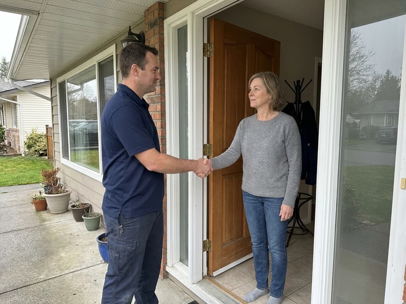 Technician and homeowner at a residential doorway in Burlington